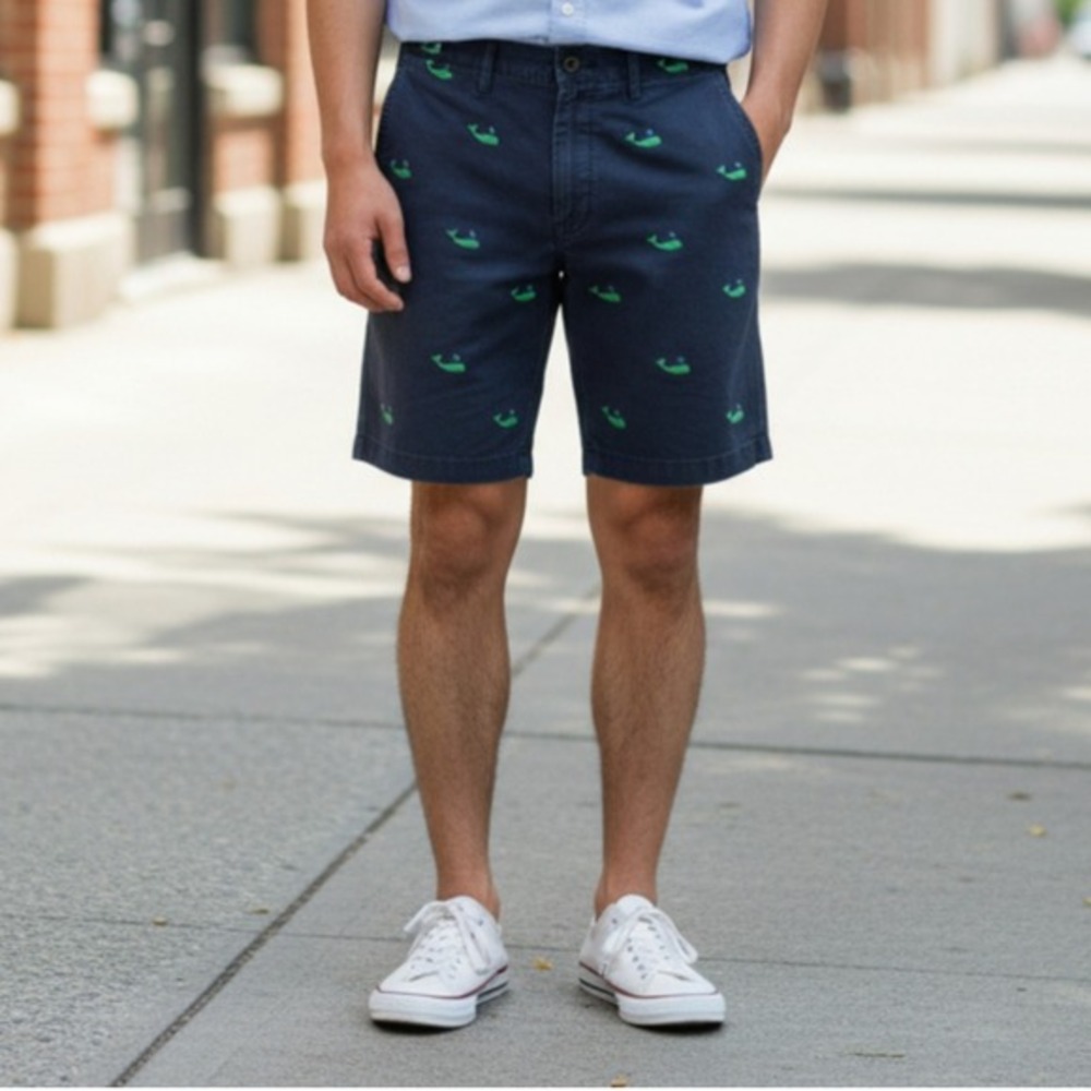 Y2K Vtg Polo Ralph Lauren Men's Chino Short 32 Embroidery Whale Navy Blue Cotton